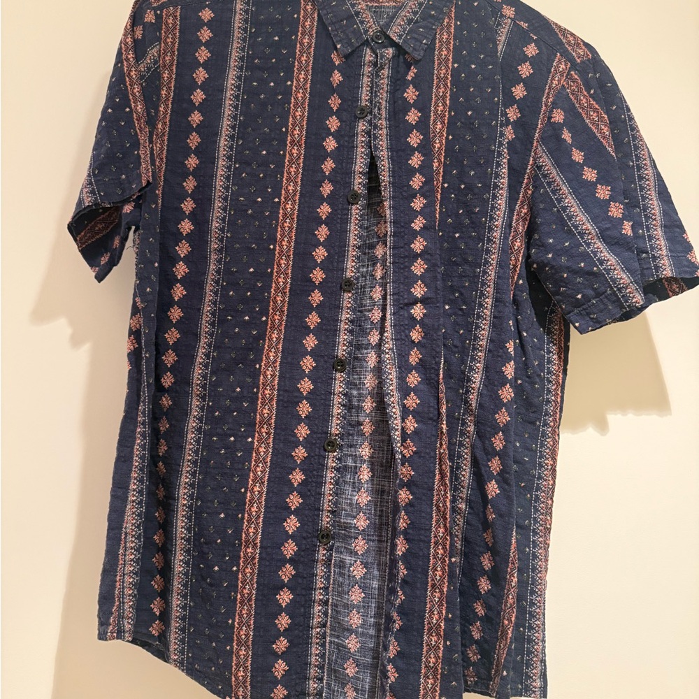 Navy and Red Patterned Casual Button Down Shirt